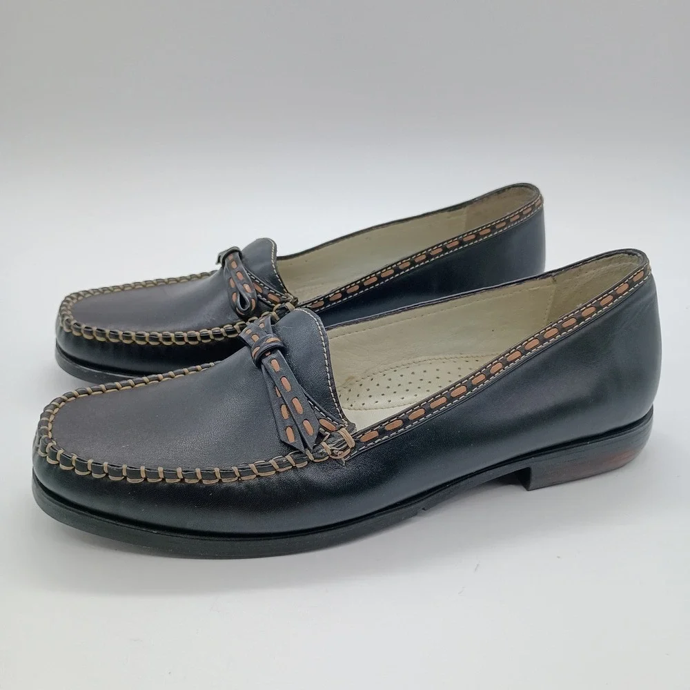 Bass Romana Black‎ Leather Bow Loafers Flats Shoes Womens 8M Made in Brazil